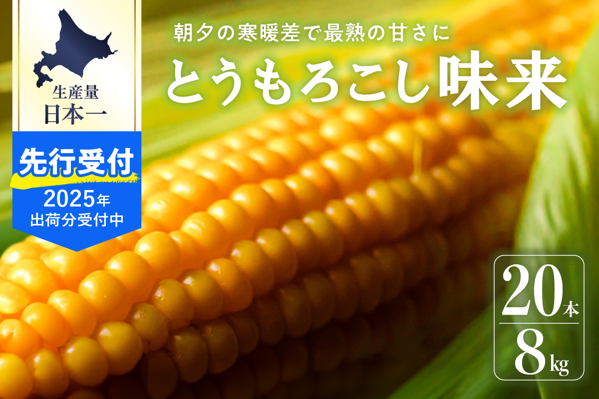 【2025年 先行予約】 北海道産 朝どれ とうもろこし 味来 20本 約8kg スイートコーン  ハニーバンダム みらい トウモロコシ とうきび 生 野菜 黄色 yellow 産地直送 送料無料 期間限定 数量限定 お取り寄せ グルメ お土産 贈答 北海道 十勝 芽室町 めむろme035-005c-25